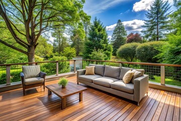 Obraz premium Outdoor furniture on deck with view of trees