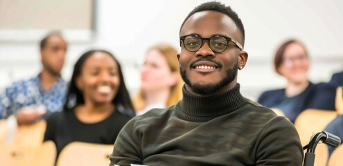 Confident student in wheelchair attending university lecture with diverse classmates