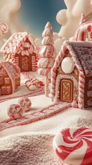 A whimsical winter wonderland made of gingerbread houses, candy trees, and sugary pathways, perfect for holiday festivities.