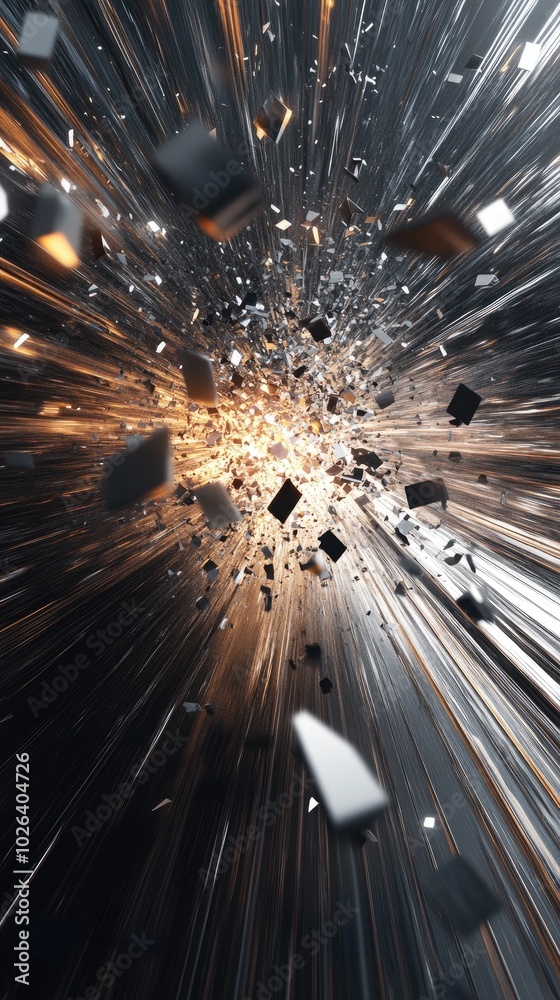 Poster an explosive burst of light with fragments dispersing in a dynamic display of energy and motion, cre