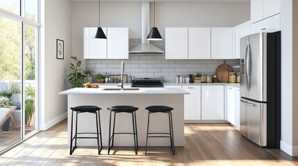 Fototapeta premium Modern kitchen with white cabinets, stainless steel appliances, and a breakfast bar with three stools. The kitchen has a large window overlooking a patio.