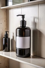 Obraz premium Minimalist bathroom with sleek black dispensers.