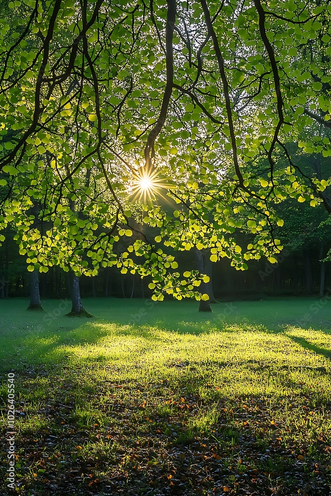 Poster Sunlight filters through green leaves, creating a serene natural setting with dappled light on the grass below.