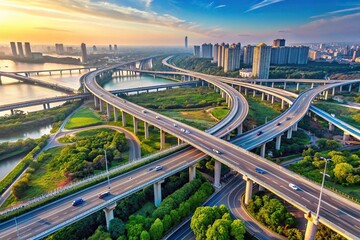 Fototapeta premium Overpass spanning above busy highway in Wuhan, China