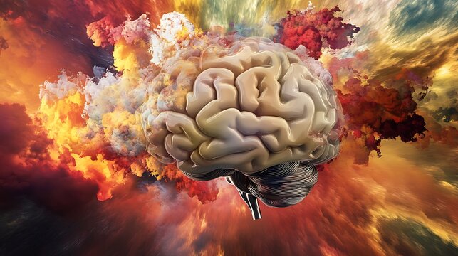 A human brain, half organic and half mechanical, exploding into a cloud of ideas, blending both art and technology.