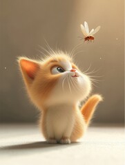 Fototapeta premium Cute Kitty's Close Encounter: A 3D Cartoon Cat Meets a Beautiful Insect in a Minimalist, Award-Winning Illustration