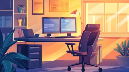 Modern Home Office with Dual Monitors and a Desk Lamp