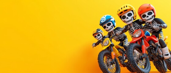 Naklejka premium Four skeletons riding motorcycles on a yellow background