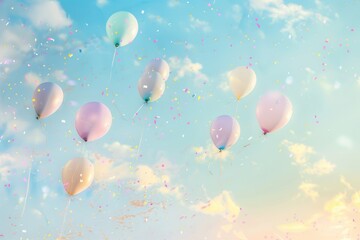 Fototapeta premium Dreamy Pastel Birthday Celebration Background with Balloons and Confetti for Festive Designs