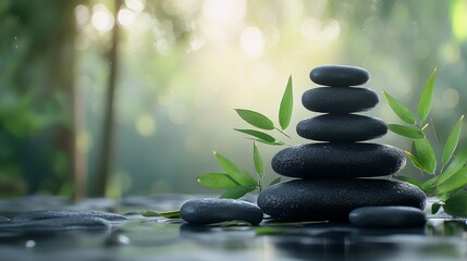 Fototapeta premium Stacked Black Stones with Green Leaves in a Tranquil Setting