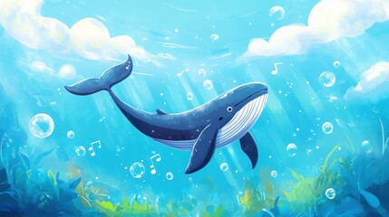 A blue whale swims through the clear blue water with bubbles and music notes floating around it.