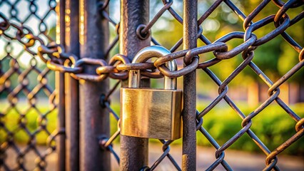 Padlock with steel chain closed iron fence symbolizing lockdown leading lines