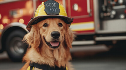 Firefighter dog with helmet posing in front of fire truck