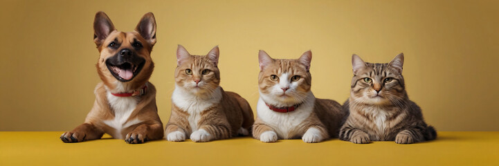 Dog and cat portrait on yellow background isolated. Pets and companions. Commercial banner for advertising cat and dod food