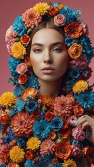 Minimalist portrait of cute woman with flowers on her head on pink background. Woman with various colorful flowers intricately placed in her hair. Spring fashion concept
