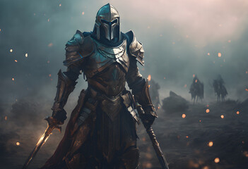 Fototapeta premium A ghost soldier in ancient armor, with wounds all over his body, stands on a battlefield filled with fog and the remains of old weapons.