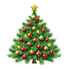 Realistic Christmas Tree with lights, red and gold Christmas balls, gold tinsel garland and stars png design