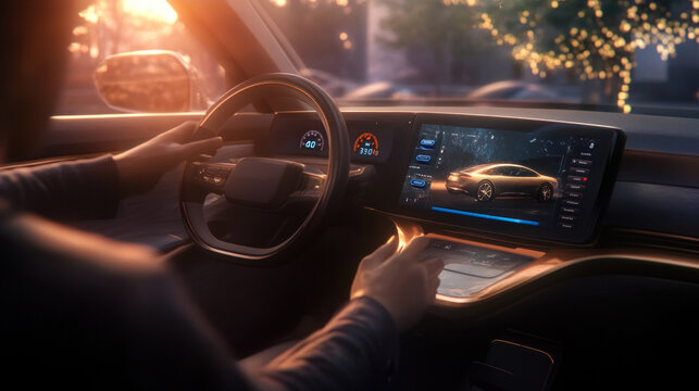 Engineer utilizing holographic application within modern vehicle cockpit, advanced automotive technology