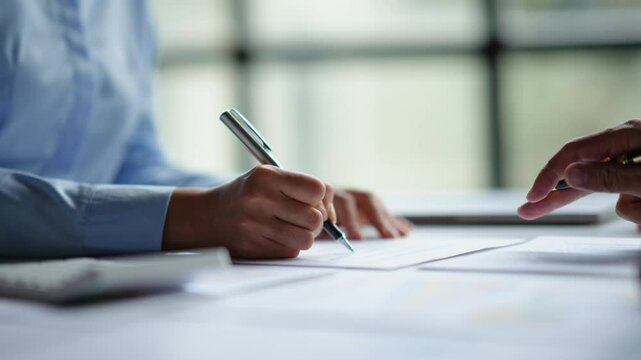 Business meeting focusing on document analysis and signing. Shows collaborative work between professionals in a modern office setting