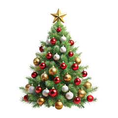 Realistic Christmas Tree with lights, red and gold Christmas balls, gold tinsel garland and stars png design