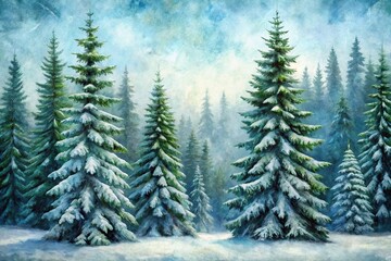 Painterly abstract spruce trees in the forest and snow long shot