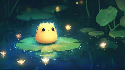 Small yellow creature with big eyes sitting on a lily pad in a glowing pond.