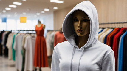 White hoodie mockup with clothing store background.
Mock up of plain white hoodie in shop displayed on mannequin woman