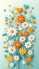 A beautiful arrangement of a bunch of cheerful daisies and delightful hearts set against a delicate green background that captivates the eye