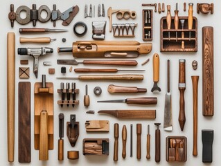 A flat lay of various woodworking tools arranged on a white background.