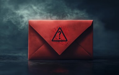 Mysterious Red Envelope with a Question Mark Against a Eerie Dark Background