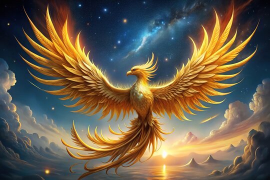 painting of a golden phoenix with aerial view