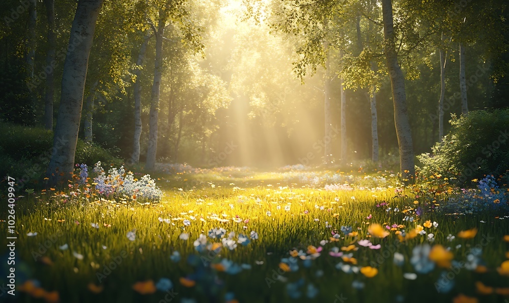Poster a serene forest scene with sunlight filtering through trees, illuminating a vibrant meadow filled wi