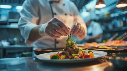 A chef prepares a meal in a modern kitchen