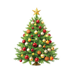 Realistic Christmas Tree with lights, red and gold Christmas balls, gold tinsel garland and stars png design
