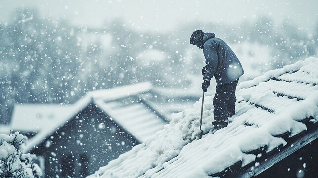 Cleaning a thick layer of snow off a roof, with snowflakes falling and a wintry landscape in the background, emphasizing winter chores