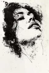 A black and white drawing of a woman's face with expressive features