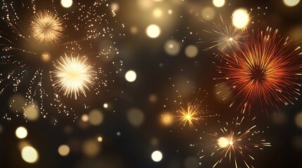 Fototapeta premium Isolated fireworks bursts lighting up the night sky, surrounded by a golden bokeh effect for a warm, festive feel.