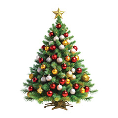 Realistic Christmas Tree with lights, red and gold Christmas balls, gold tinsel garland and stars png design