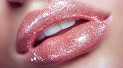 Close-up of glossy pink lips with a soft, radiant glow, highlighting their smooth texture and elegant beauty in a detailed view.