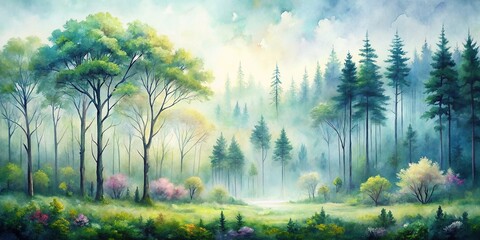 painting of misty spring forest reflected in water