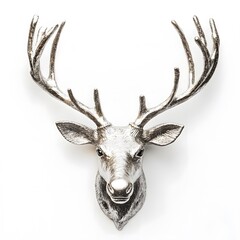 Elegant silver deer head with antlers on white background
