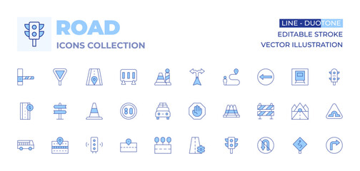 Road icons collection. Line Duotone style, editable stroke. toll road, road, speed limit, barrier, holidays, cone, route, traffic cone, road signs, yield, stop sign, directions