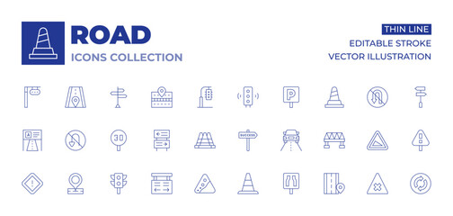 Road icons collection. Thin Line icons, editable stroke. placeholder, roundabout, traffic cone, traffic lights, narrow road, alert, falling rocks, caution, directional sign, road