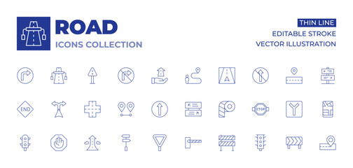 Road icons collection. Thin Line icons, editable stroke. distance, panel, end, straight, traffic lights, yield, growth, road, stop sign, parking barrier, directions, direction