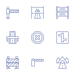 Road icons set. Thin Line style, editable stroke. intersection, road, signboard, road sign, stop, barrier, highway, traffic barrier
