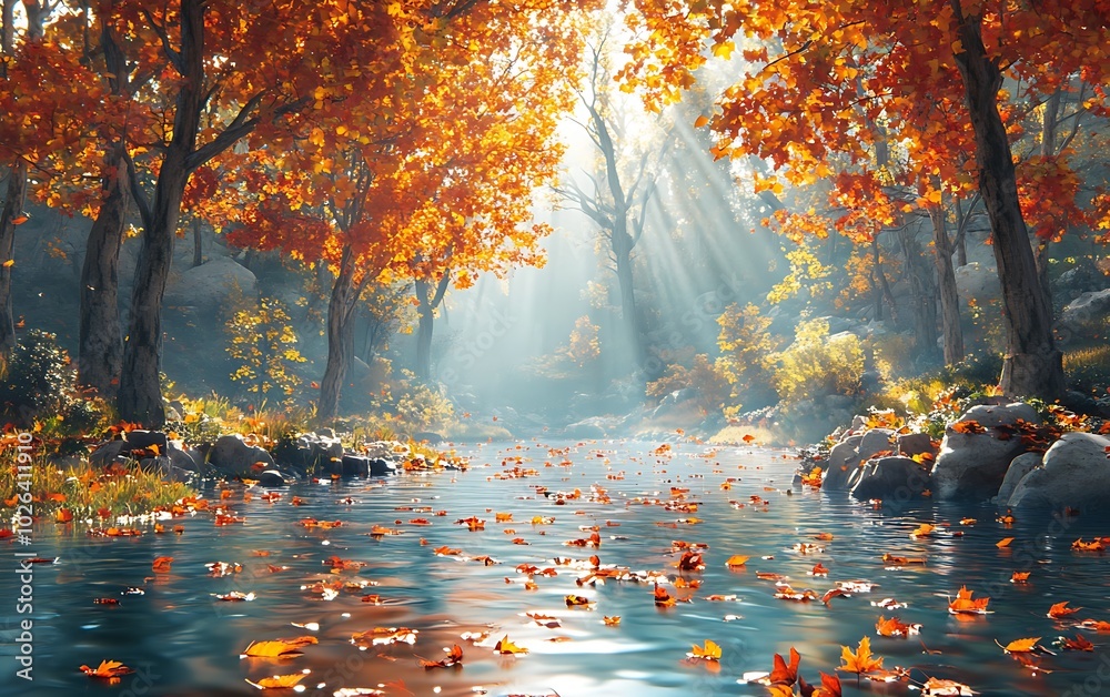 Poster A serene autumn forest scene with golden leaves reflecting on a tranquil river, illuminated by soft sunlight filtering through the trees.