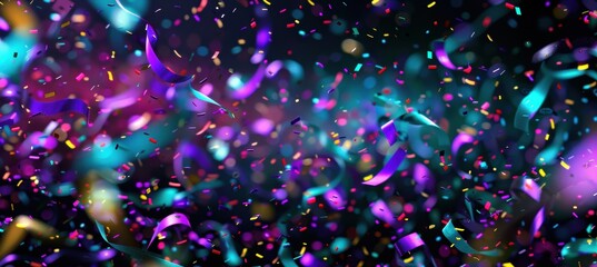 Futuristic Neon Birthday Background with Holographic Ribbons and Glowing Confetti for Digital Designs