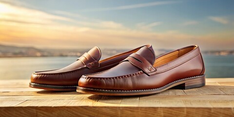 Naklejka premium Pair of brown penny loafers with beige background