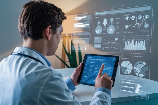 A man in a white lab coat is looking at a tablet with a lot of graphs