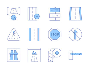 Road icons. Line Duotone style, editable stroke. zebra crossing, directions, motorway, no straight, police line, stop, road, racing game, parking barrier, road sign